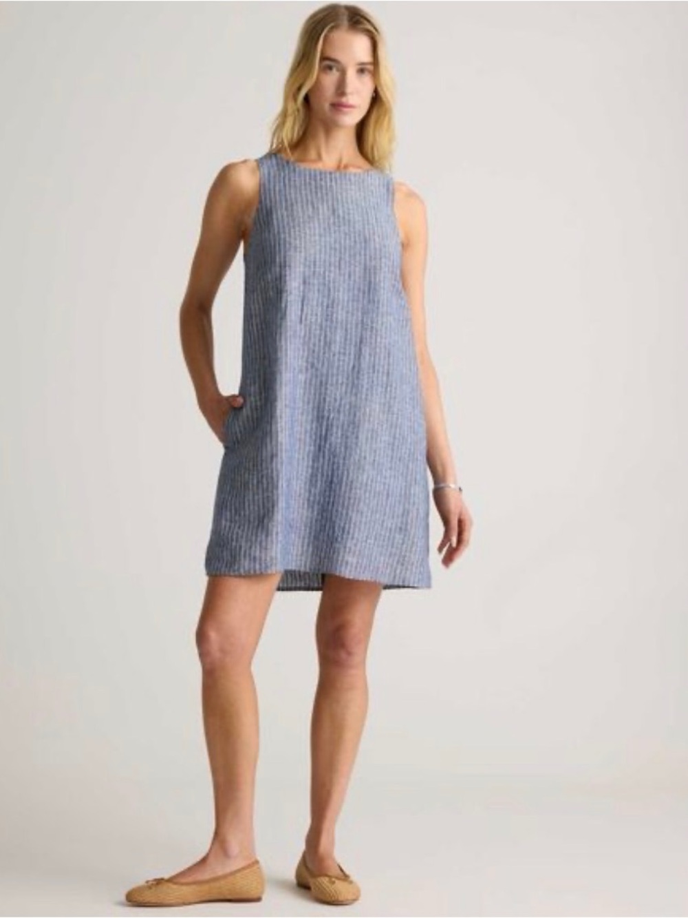 Quince 100% European Linen Sleeveless Shift Dress Blue White Stripe Small